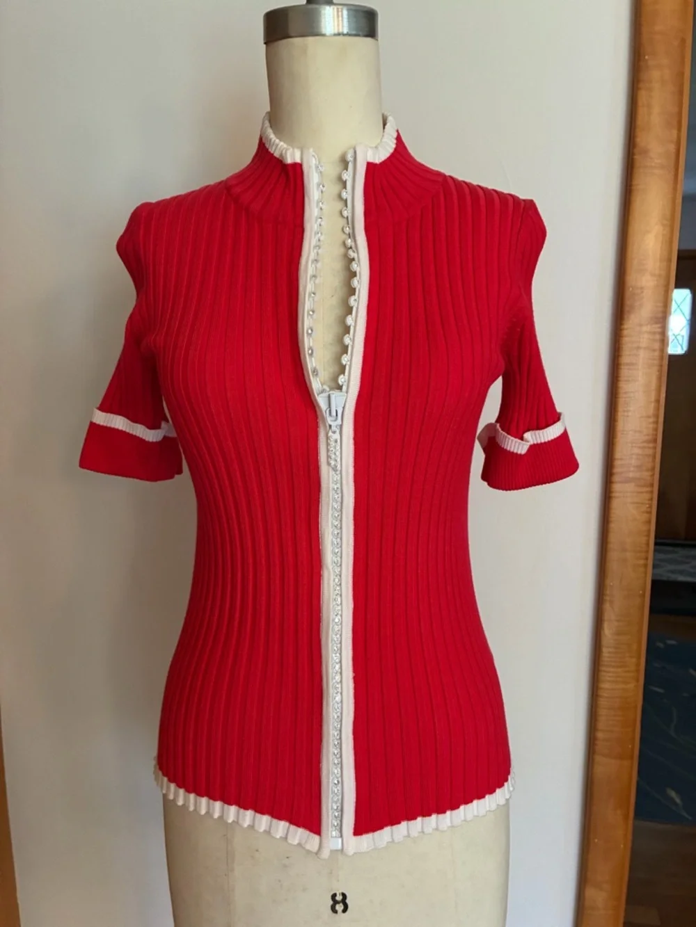 Belldini Coral Knit Cardigan Rhinestone Embellished Zipper White Trim Red Pink - Picture 1 of 10